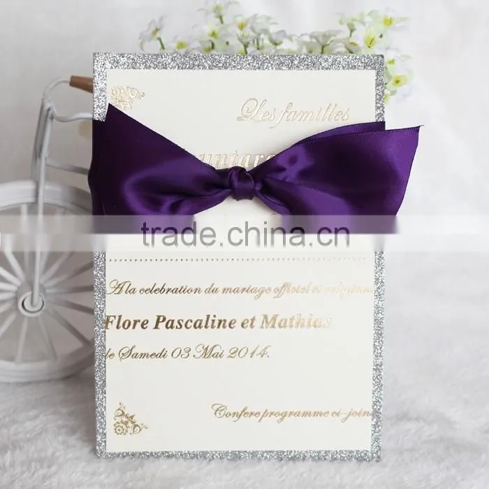 Elegant Card Royal Purple Ribbon Silver Glitter Paper Wholesale