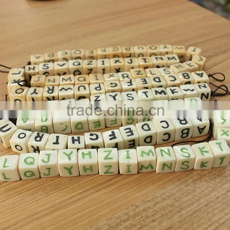 OB007 12mm English Letters Alphabet Dice Pattern White Cube Natural bone Beads