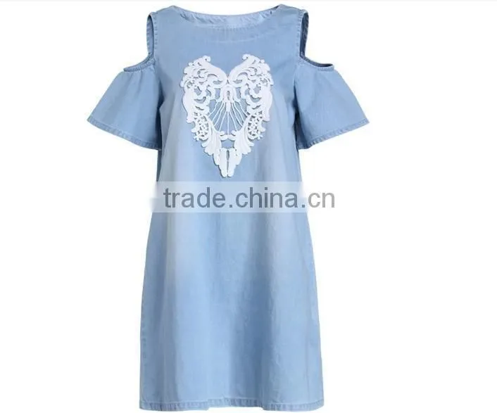 2014 new design Women Denim Dress Pattern Fashion Design Off Shoulder printing bule Denim Sexy Dress