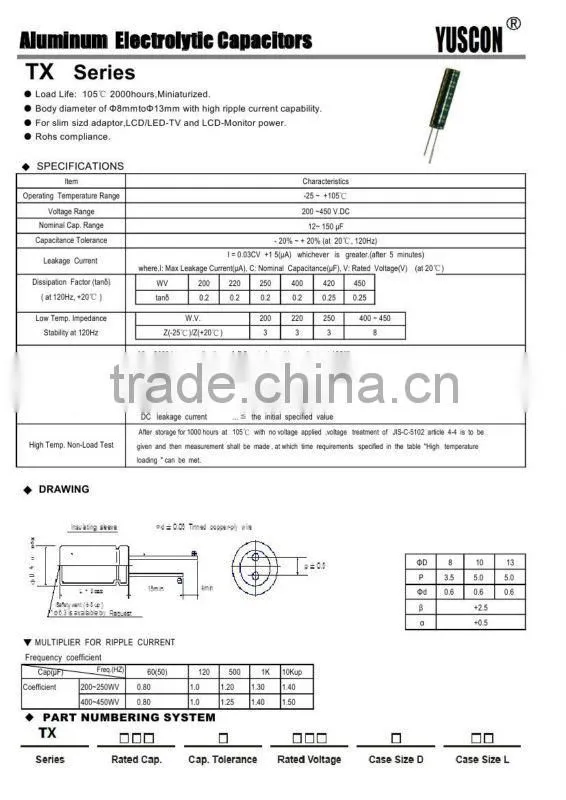 12uF 400V Aluminum electrolytic capacitors for LED Drive power