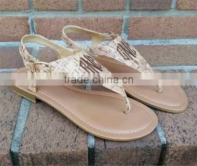 New Womens T-Strap Flat Flip Flop Monogrammed Sandals