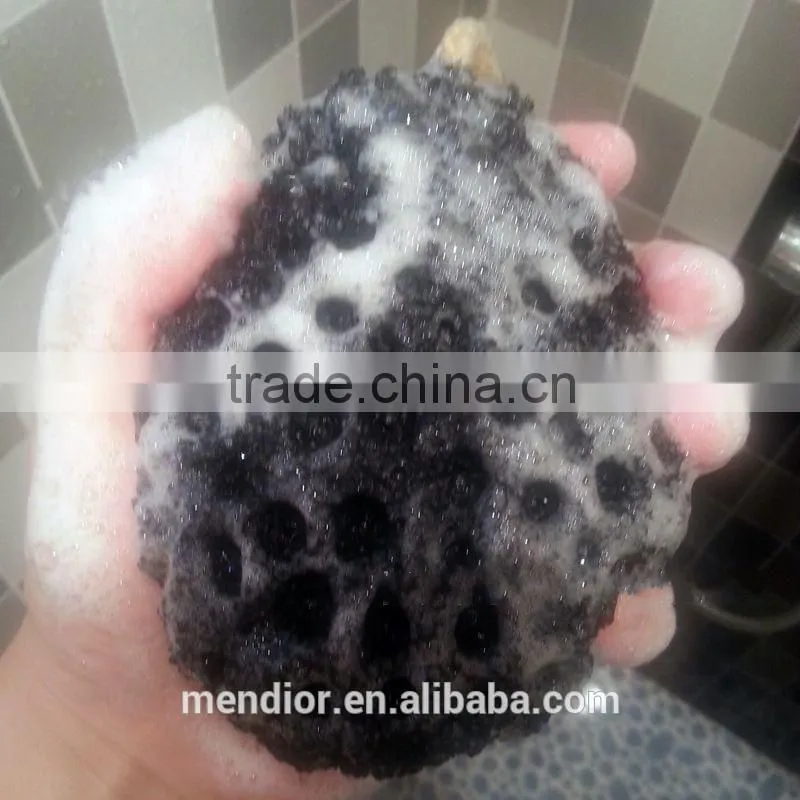Mendior bamboo charcoal sponge black bath sponge with rope OEM/Wholesale