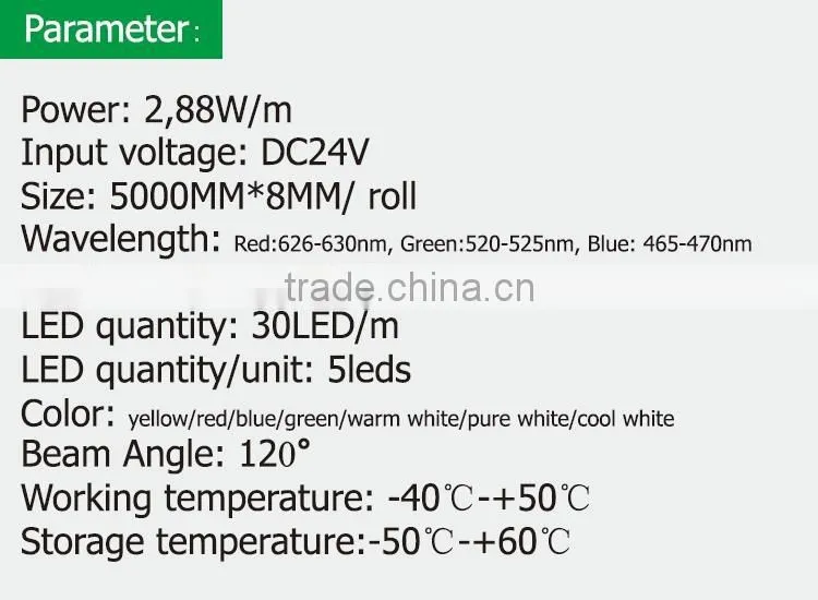 2.88W/M DC24V SMD3528 IP20 30LED/M 180LM/M Flexible Led Strip light