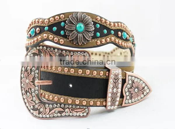 2015 Western Black Embossed Women Rhinestone Belts