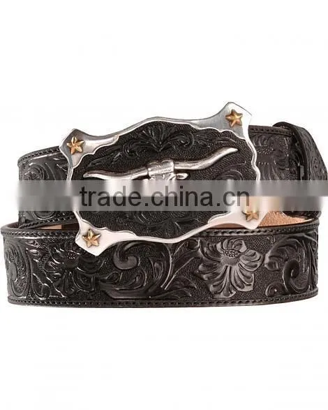 Western cowboy style floral emboss black genuine leather longhorn buckle belt