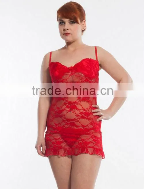 Red color high quality wholesale 2016 plus size sexy lace transparent nightwear for women