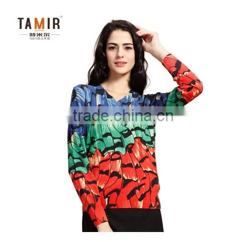Muti Color Print V Neck Cashmere Sweater, Ladies Fashion Delicate Print Cashmere Sweater