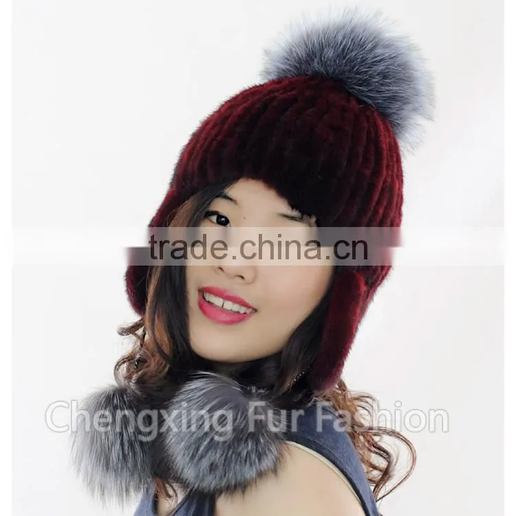 CX-C-42D Winter Cap With Earflap Knitted Real Mink Fur Cap