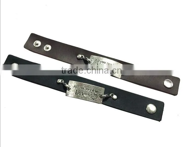 Custom words charms leather bracelet,antique men leather bracelets,stylish leather wristband