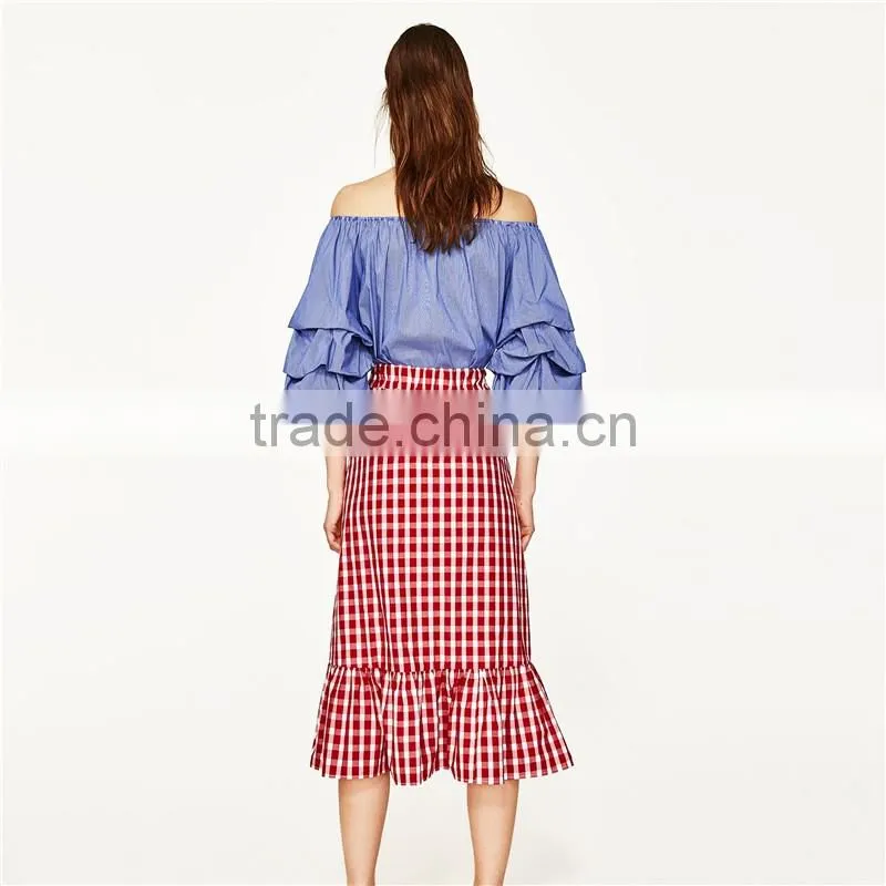 2017 OEM Spring Cute Pleated Vertical Stripes Off Shoulder Blouse
