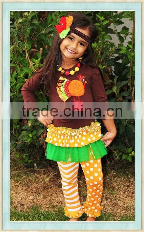 Baby Girls Turkey Boutique outfit Appliqued Brown Long Sleeve Shirt Orange Polka Dot Stripe Ruffle Pants Thanksgiving Clothes