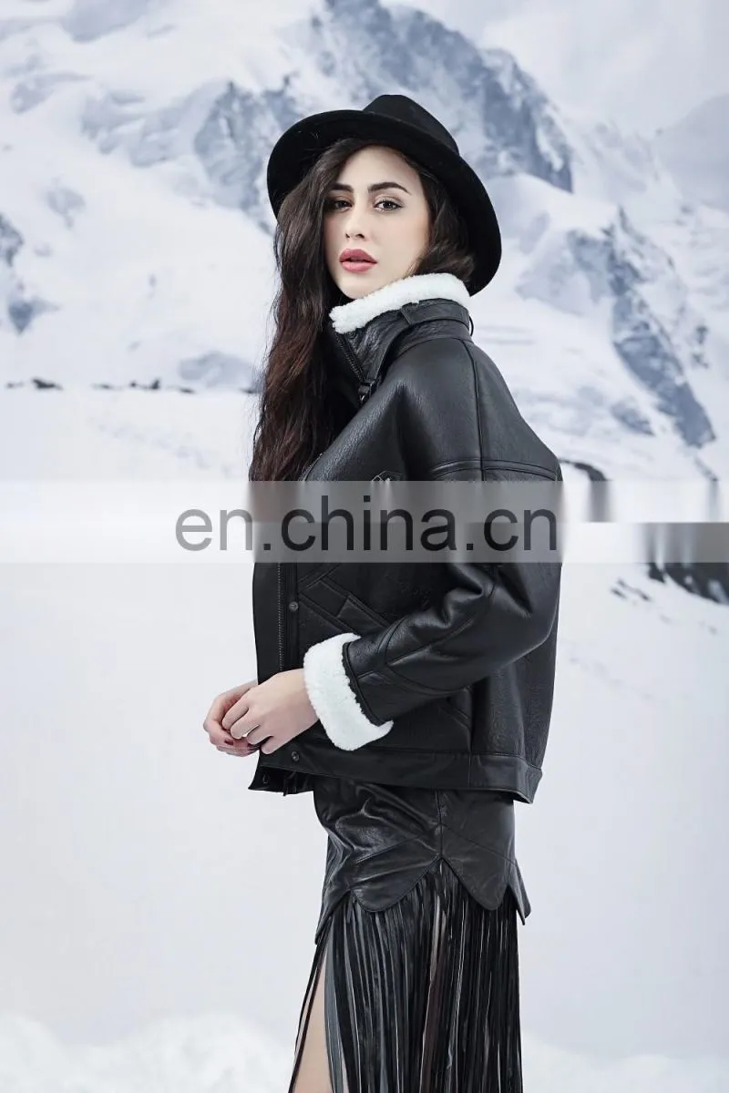 Cool Style Black Genuine Leather Jacket Women's Merino Sheepskin Fur Coat Punk Real Fur And Leather Jacket