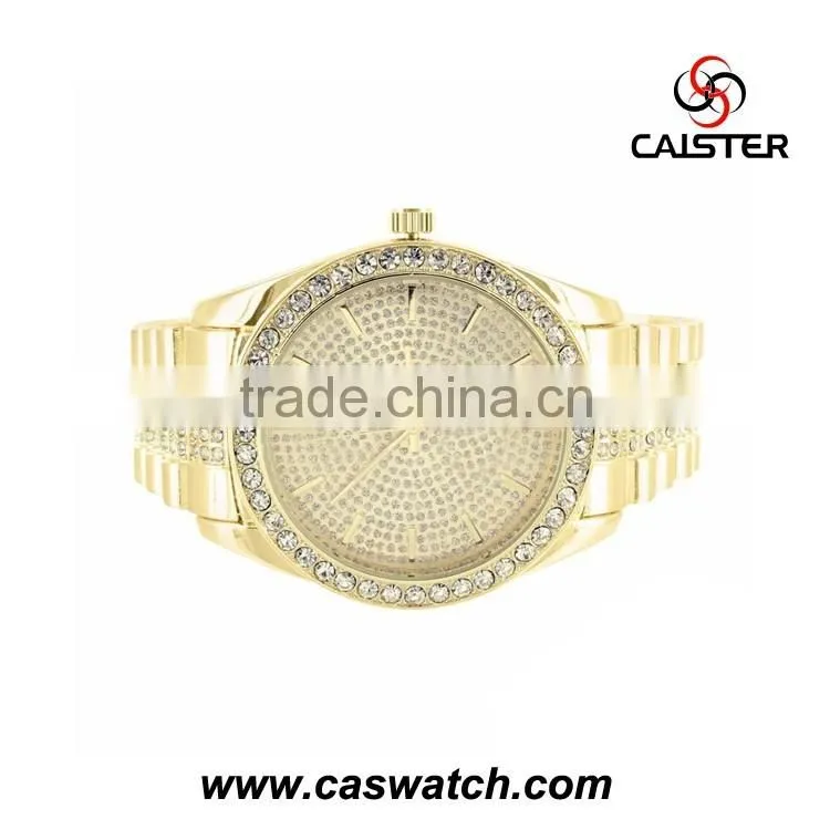 Hotsale gold-plated wristwatch, trendy Geneva Alloy Metal Hip Hop Bling Bling Watch, big face watch