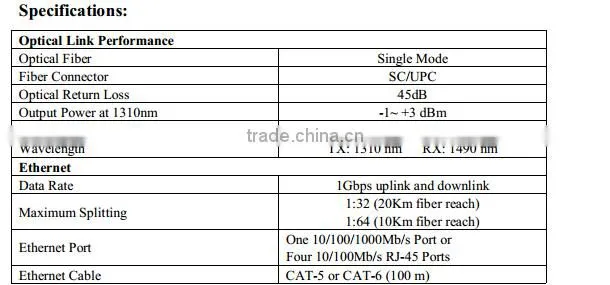GEPON ONU GONU1000 10/100/1000M Ethernet port or four 10/100M Base-T Ethernet ports