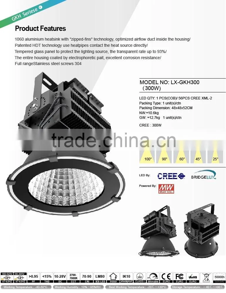 Sports Lights, Copper Heat Pipe Design, Meanwell Driver, 5 Years Warranty, CE ROHS Approved, 300W Industrial LED Lighting