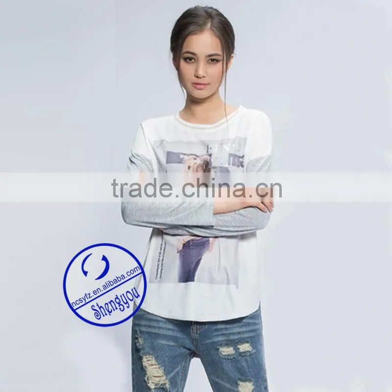 2015 China supplier custom fashion long sleeve women printing t shirt wholesale