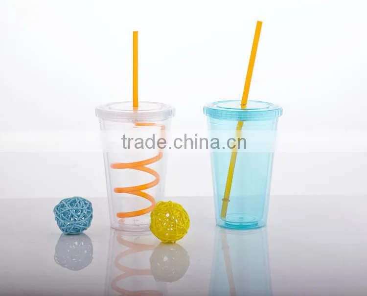 AS Material Double Wall 450ML BPA free Plastic Cup with Straw - Pink Color
