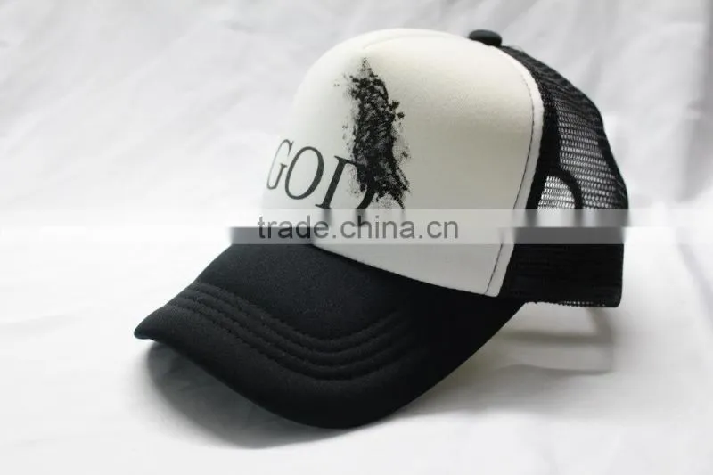 Custom printed logo black and white trucker mesh cap for promotional