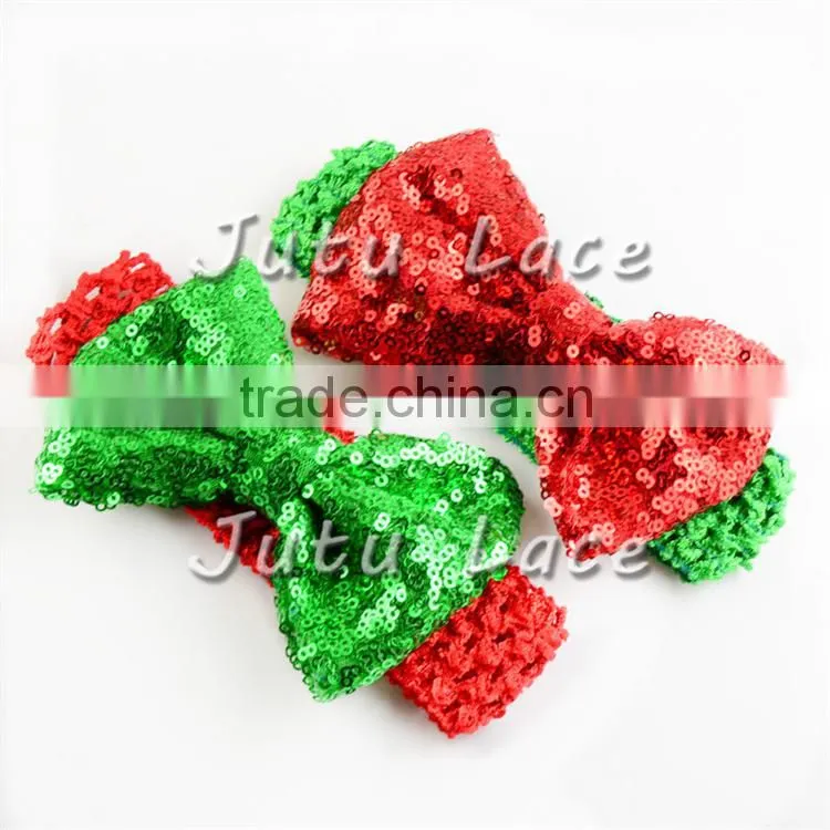 Red Green White Christmas DIY Kit Party Headband Kit -layer satin flower with rhinestone plus crochet elastic headband