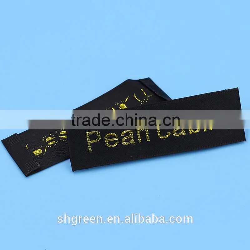 Dark brown basis shiny golden metallic thread logo woven patches