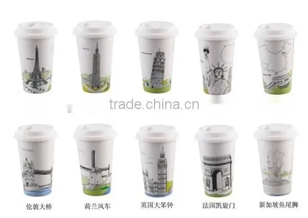 Ceramic double wall coffee cup with silicone cup lid