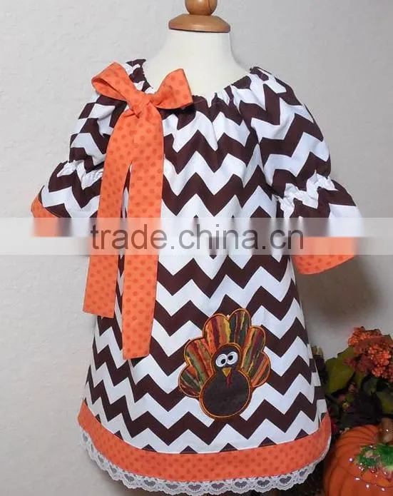 Toddler Girl Peasant Dress for Thanksgiving or Halloween or Fall Chevron Turkey Dress Half Puff Sleeve Dress Kids Clothes