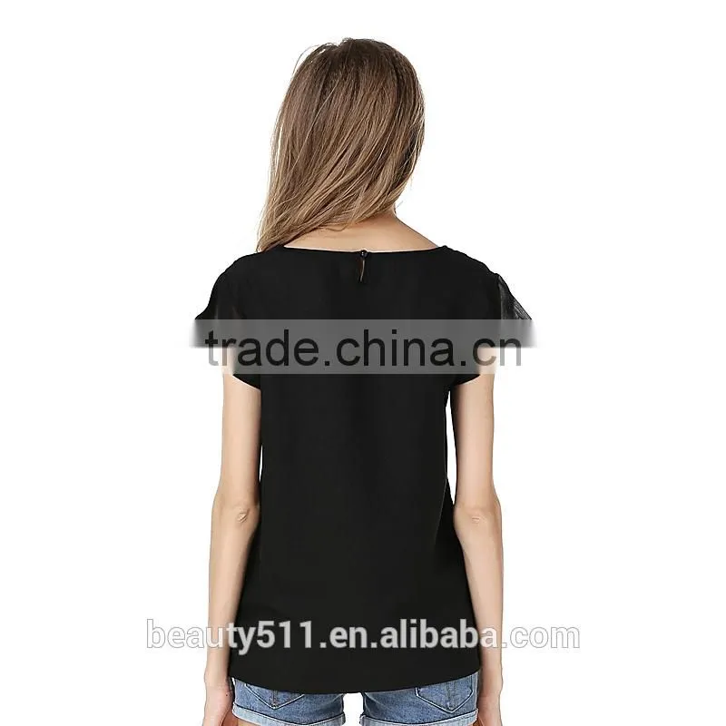 Show thin hollow short sleeved chiffon shirt sexy perspective stitching chiffon blouse SD97