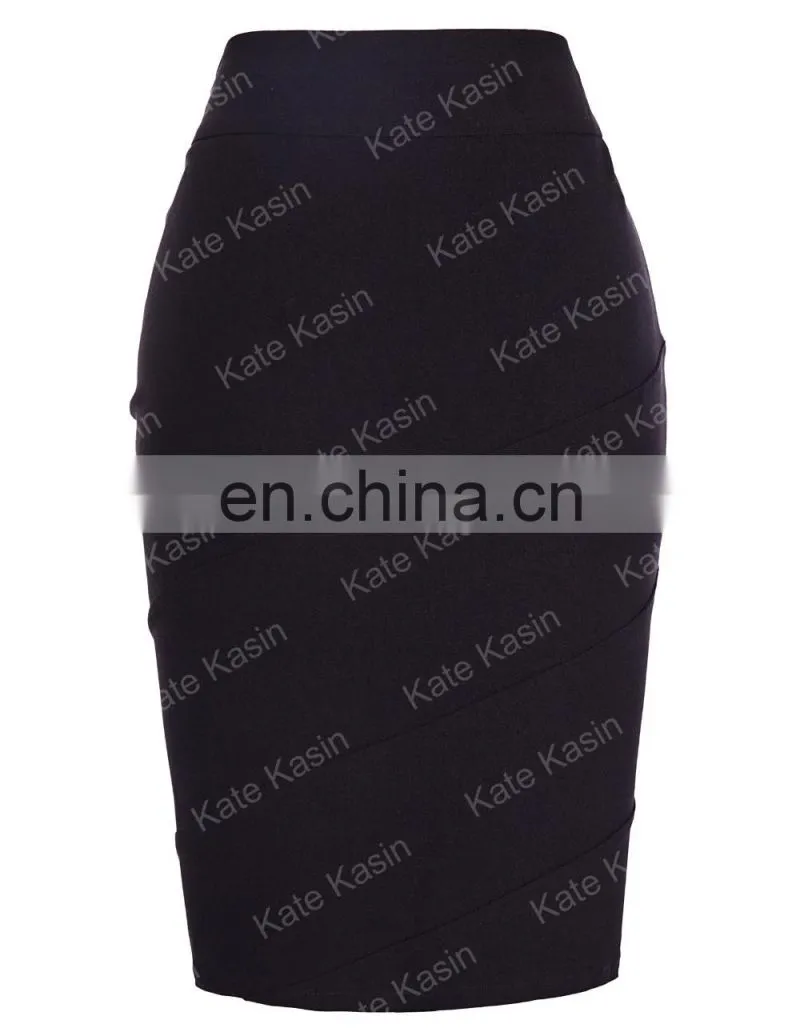 Kate Kasin Occident Women's OL High Stretchy Hips-Wrapped Black Pencil Skirt KK000269-1
