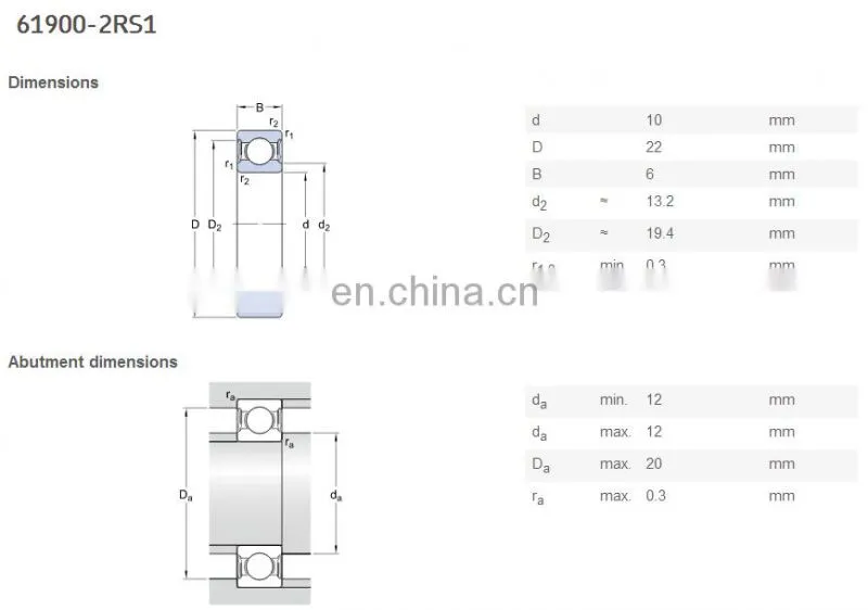 Widely used deep groove ball bearing 61900 bearing size 10*22*6mm for machinery parts