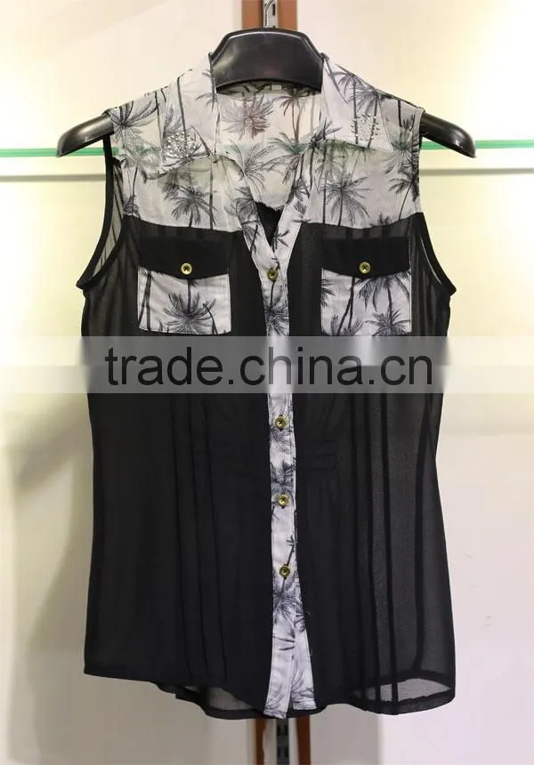 fashion style model design coconut tree printed black and white sleeveless chiffon blouse