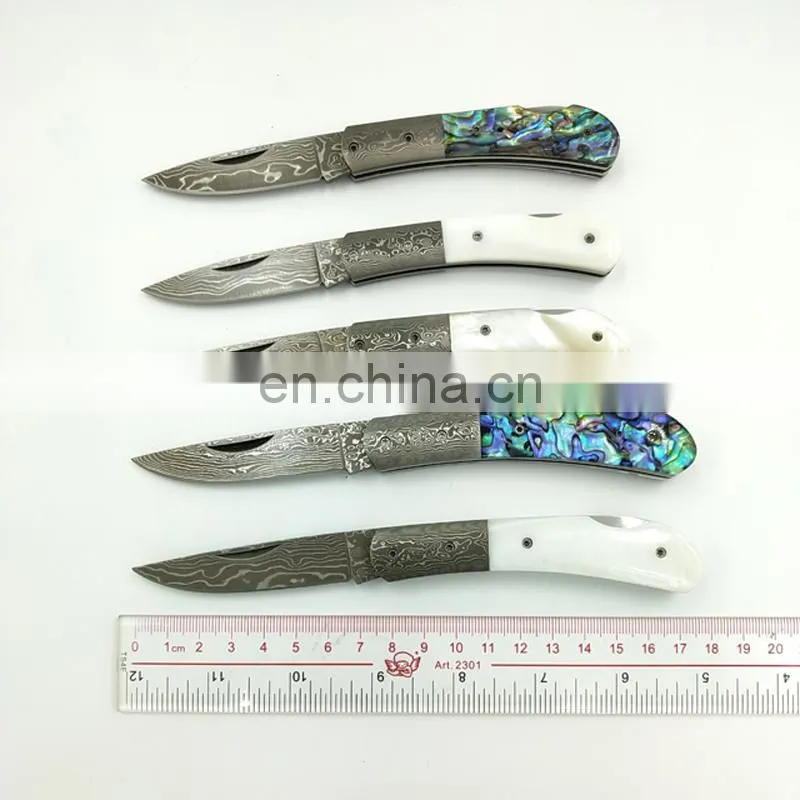 Handmade exquisite shell handle backlock damascus folding gift knife