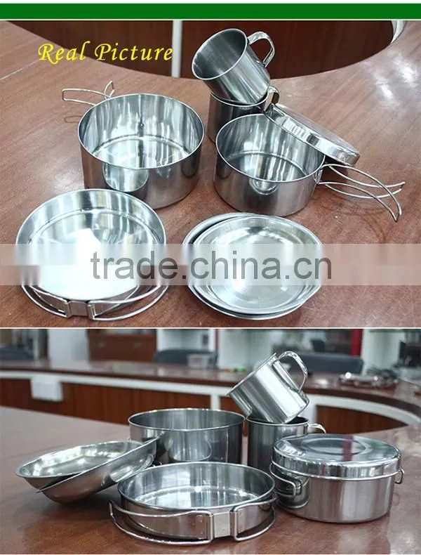wholsale stainless steel 8pcs picnic cookware ,camping cookware set