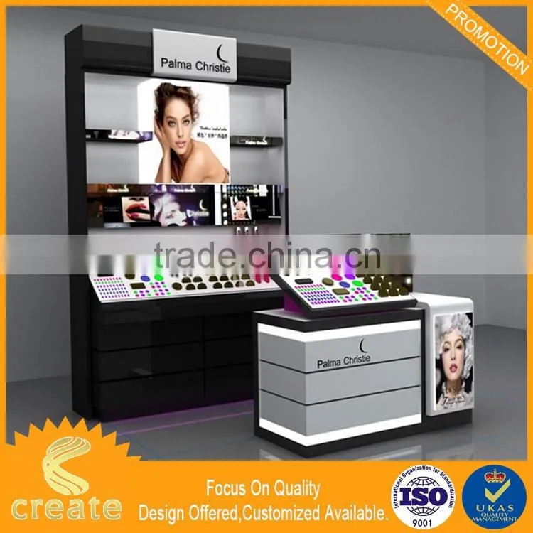 Wooden fashion cosmetic shop showcase design , Cosmetic display cabinet with mall kiosk furniture