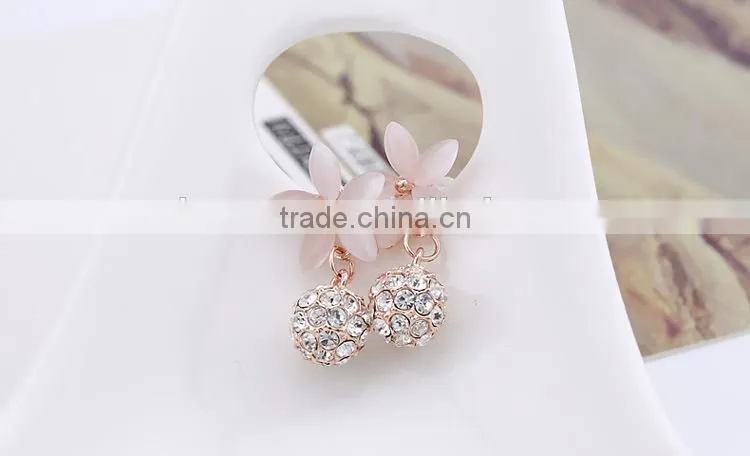 Pink Crystal ball drop Earrings Long Rhinestone Earrings Crystal Rhinestone Flower Dangle Earrings