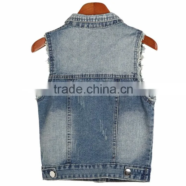 2016 new style women's turn-down collar frayed denim waistcoat
