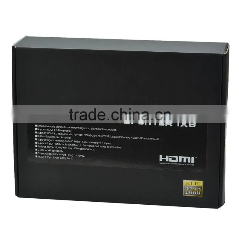 CHEERLINK 1x8 Full HD V1.4 HDMI Splitter connect to DVD, Satellite, Cable Box, PC, PS w/ US Plug - Blcak + Silver