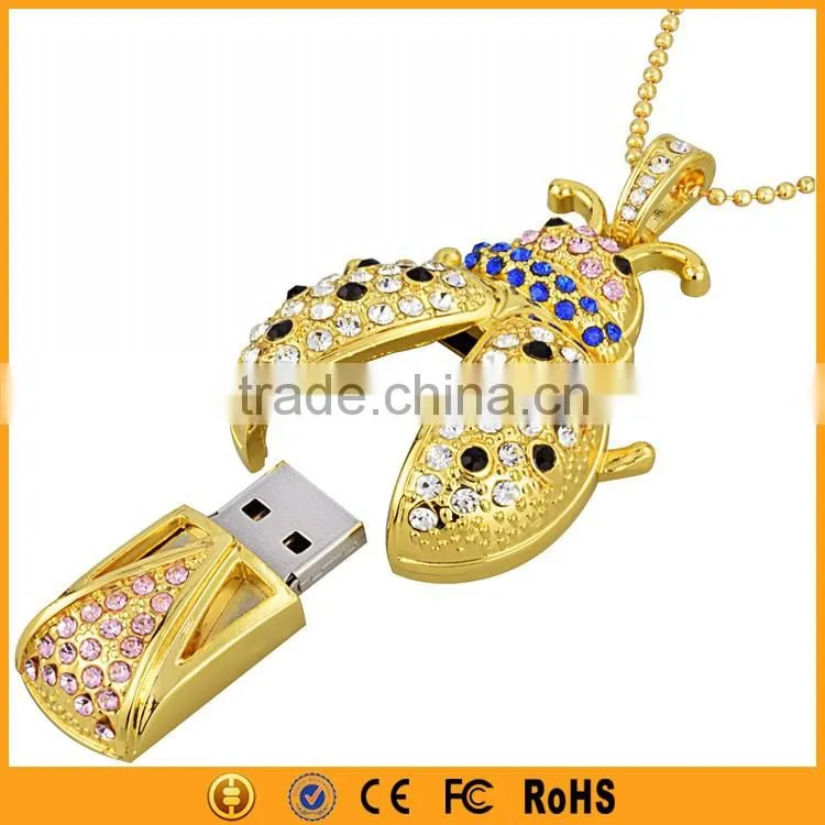 New Necklace Bug Gold Pendant USB 8GB 16GB Crystal Pen Drive