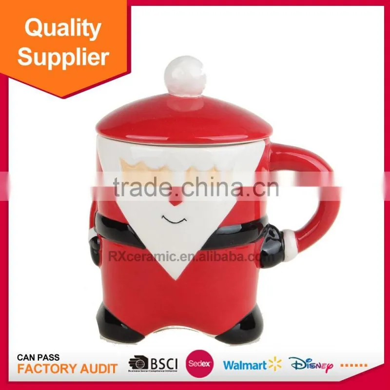 Hot selling 3D funny handle ceramic Christmas milk mug with lid