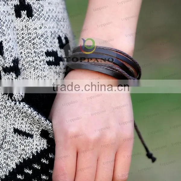Top quality vintage style red and black stainless steel charm genuine leather bracelet for men