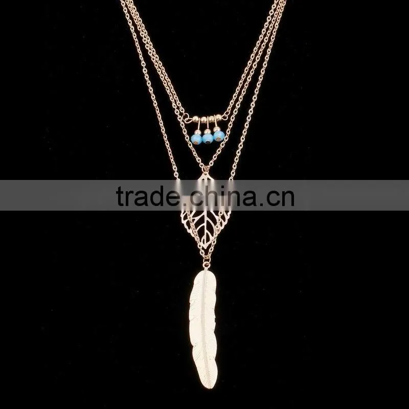 Latest Fancy Design Necklaces Jewelries Bohemia Style Three Tiny Turquoise Hollow Leaf Long Feather Multi Layer Necklaces
