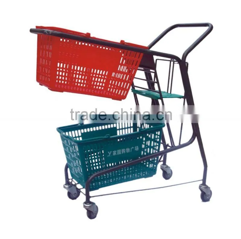 Portable double-layer shopping cart/shopping trolley with seat plate HSX-016