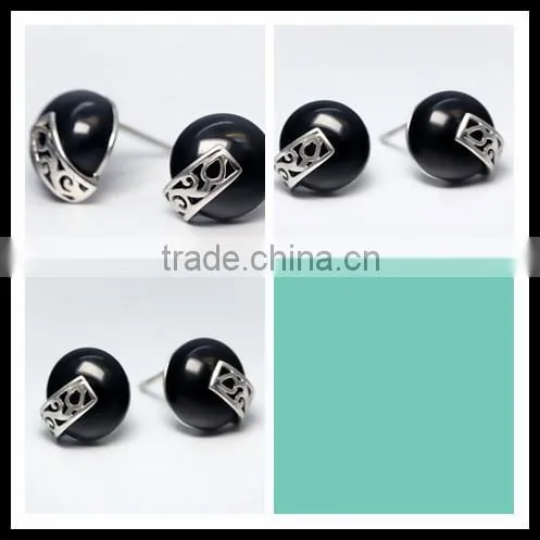 2015 wholesale 925 fashion silver earring round with black agate stud earring sold by pairs