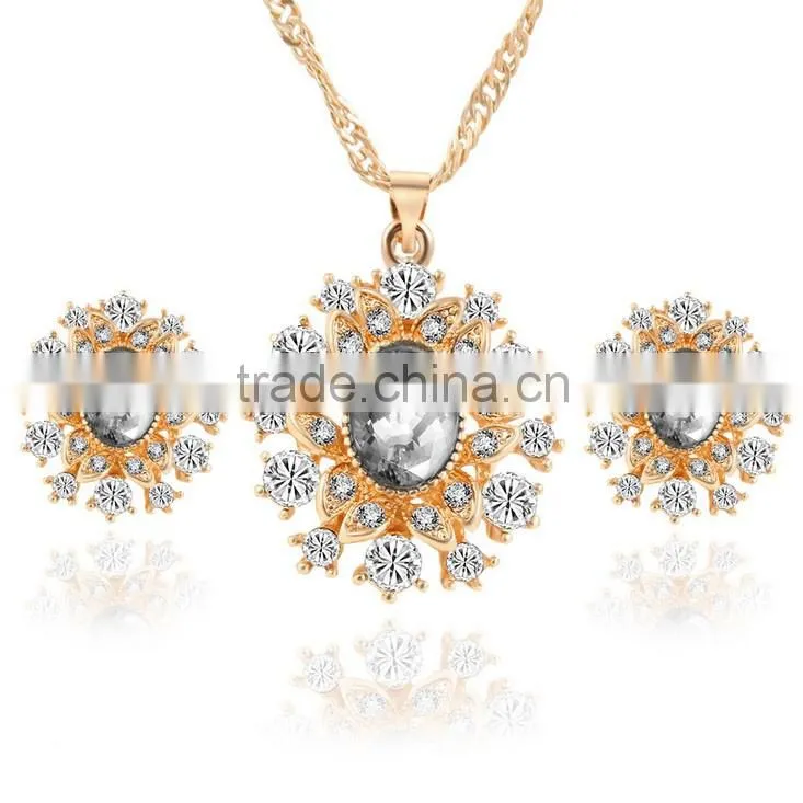 High quality big green stone korea wedding necklace and earring sets gold jewellery
