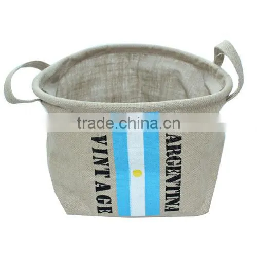 2014 Flax camping linen storage bag,flag design storage box,high capcacity home basket(BBHT004)