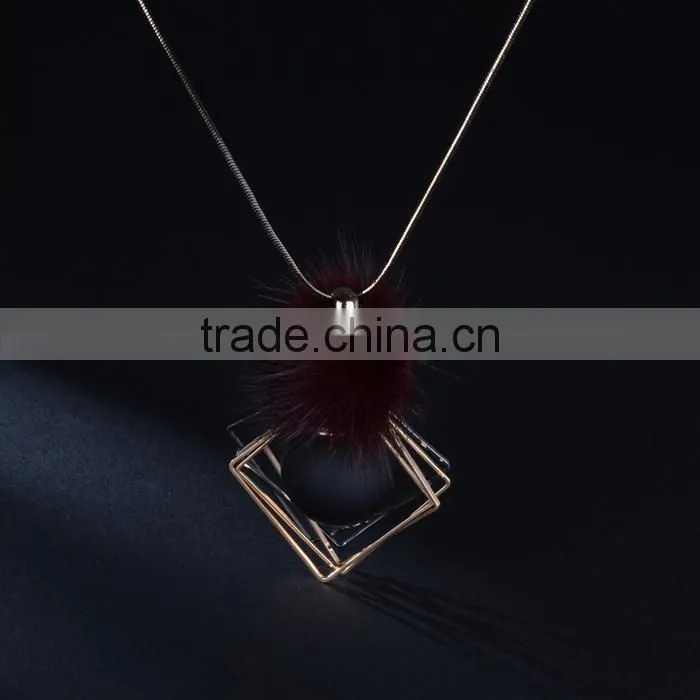 chunky ball metal square pendant necklace winter mink fur ball pendant necklace geometric sweater necklace