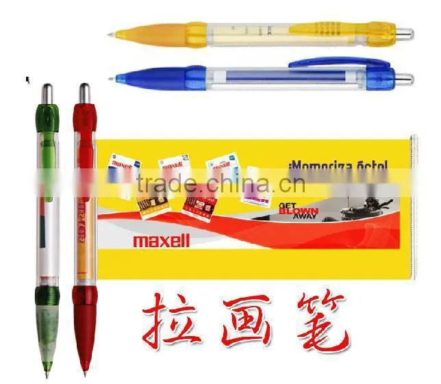 China Factory Direct Sale Costom Plastic Pen, Pull Out Banner pen, Advertising Benner Ball Pen