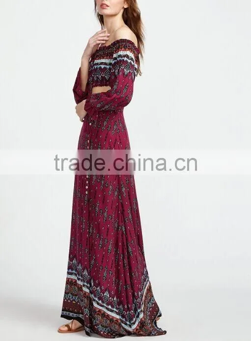 Picture of long skirts and tops Vintage print drawstring top with split skirt