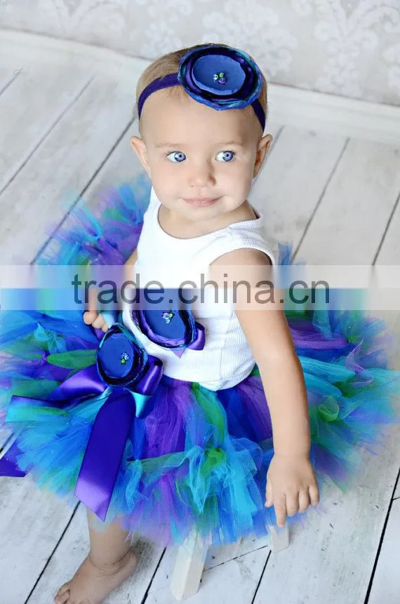 Wholesale childrens boutique clothing girls skirts and blouses fabric sash details blue and purple flower girls skirts