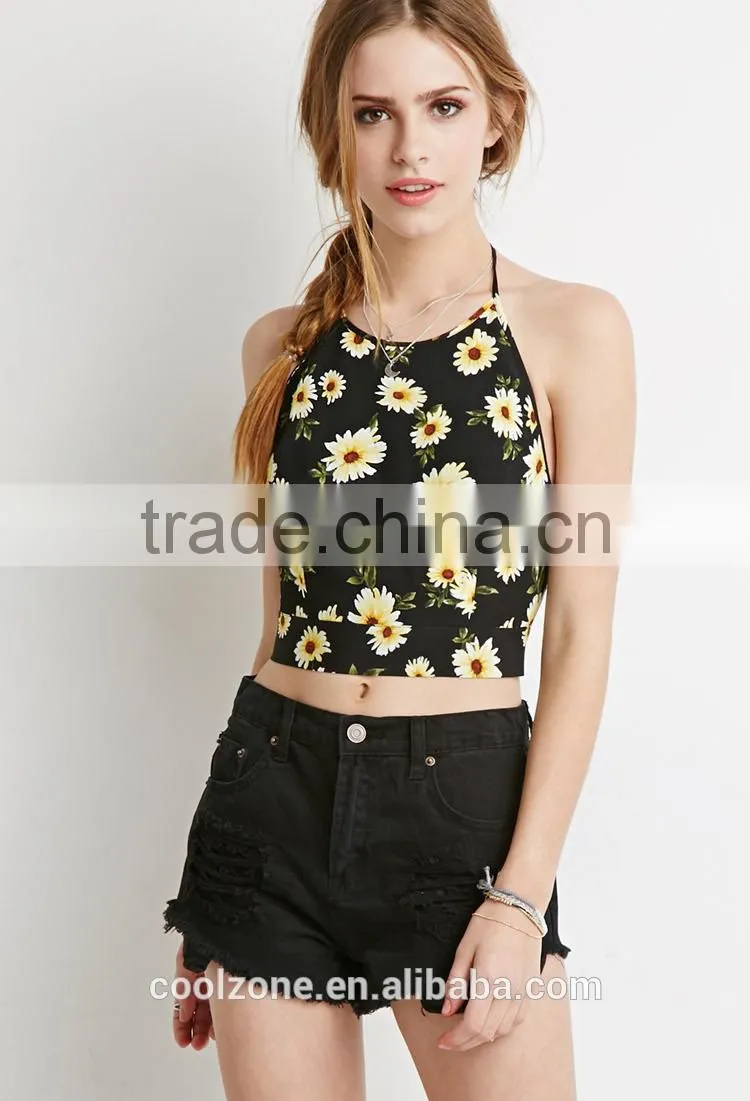 Fashion fully lined print top wholesale halter sexy woman crop top