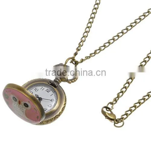 Round Antique Bronze Owl Pattern Halloween Enamel Pink & White & Green Pocket Watches 85cm